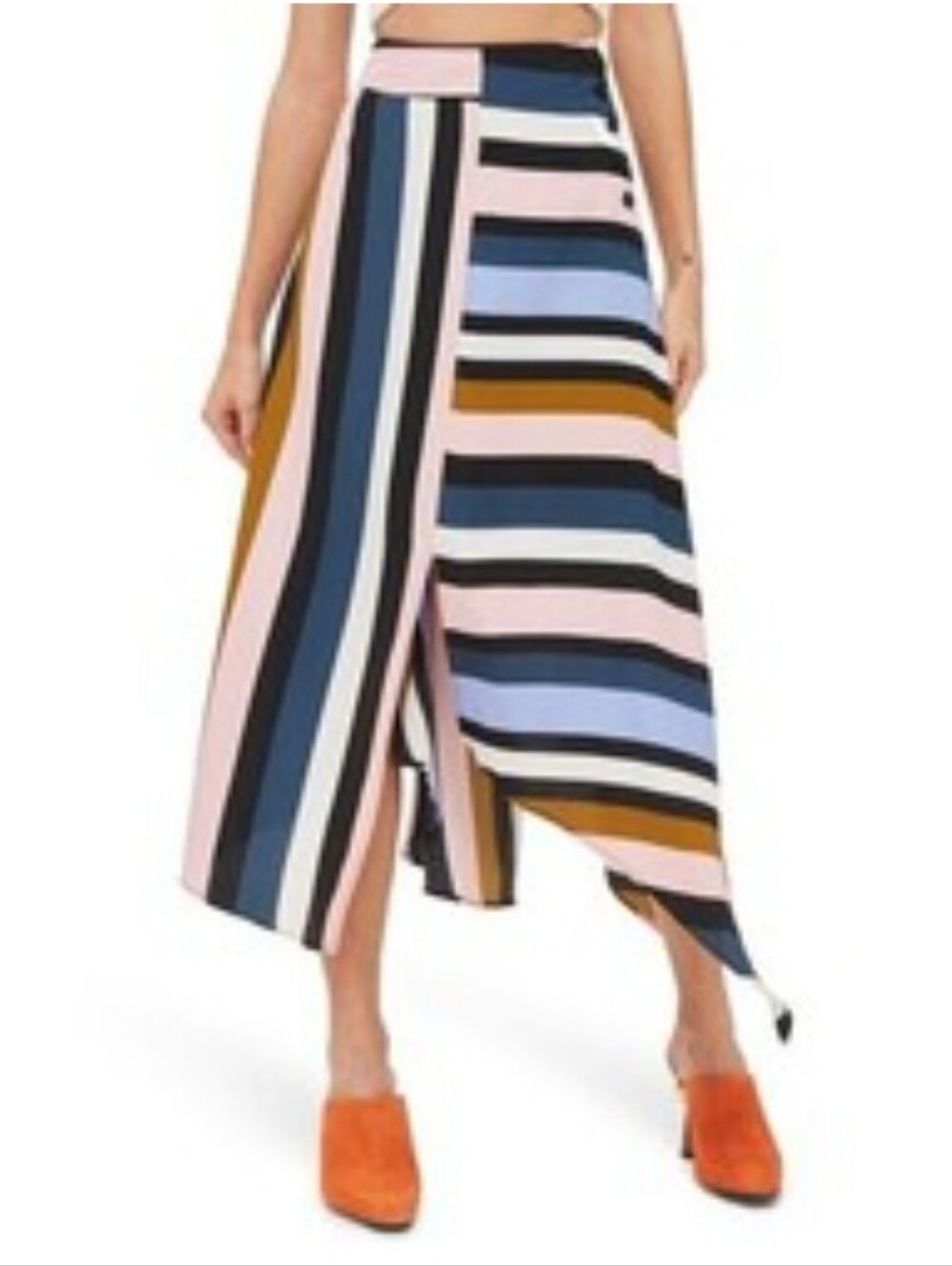 Topshop Striped Asymmetrical Midi Skirt in Pink, Blue, Black & Tan